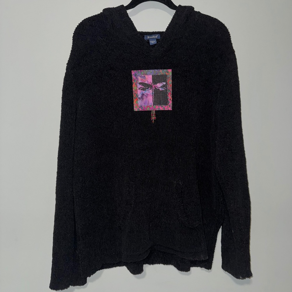 Rivers End Black Fuzzy Popcorn Knit Dragonfly‎ Patch Beaded Hoodie XL